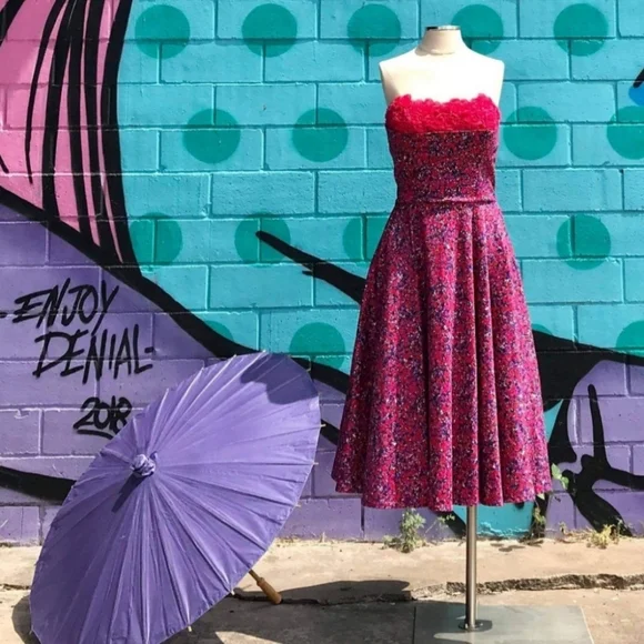 Strapless Retro Pink Floral Dress by Judy Masliyah 9-11-0009 - Picture 1 of 9